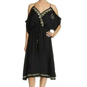 En Crème Black & Gold Embroidered Boho Cold Shoulder Dress Size Small NWT